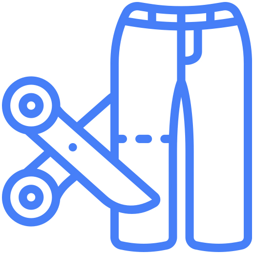 Icono azul de unos pantalones con unas tijeras representando los arreglos en todo tipo de prendas